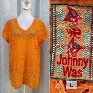 Johnny Was light orange eyelet embroidery sleeveless rayon top